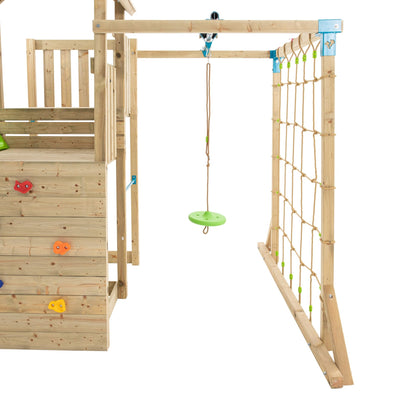 The TP Toys Skywood Wooden Tower Climbing Frame with Ripple Slide, Sky Deck, Skyline & Flying Fox Add On is an FSC® certified outdoor playset from the modular TP Skywood collection.