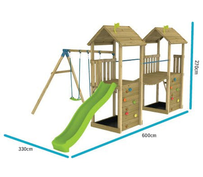 The TP Toys TP Skywood Wooden Tower Climbing Frame features two towers, a sky bridge, a ripple slide, double swing arm, and climbing walls; measures 600cm x 330cm x 270cm and is FSC® certified.