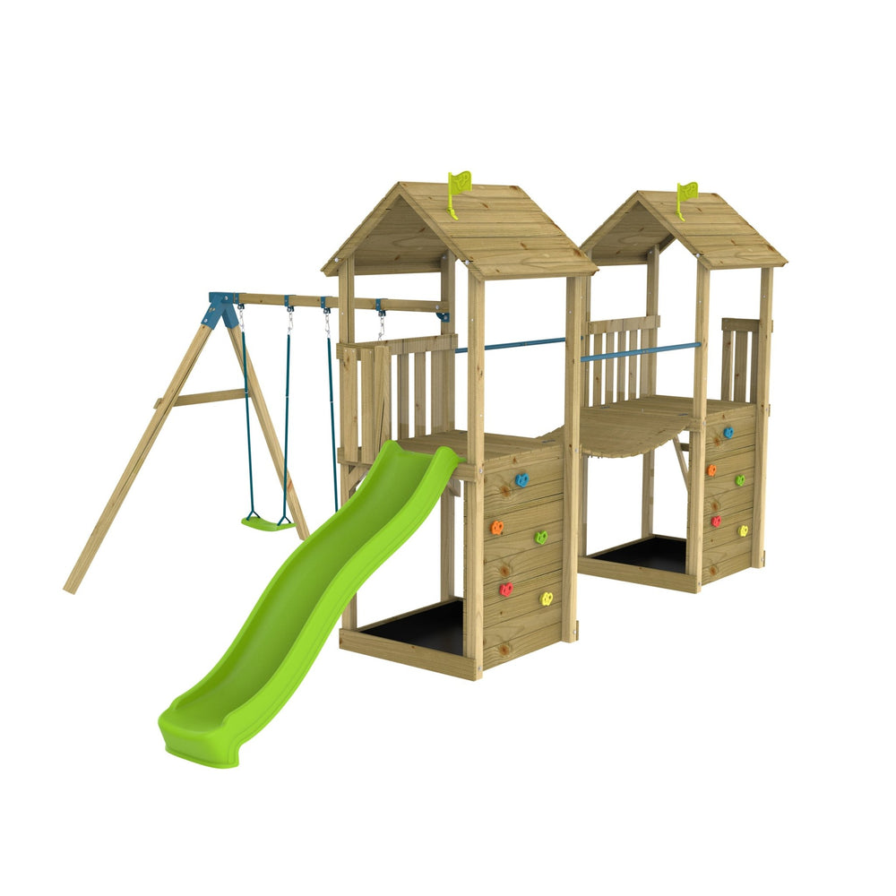 The TP Toys TP Skywood Wooden Tower Climbing Frame features two play towers linked by a sky bridge, a ripple slide, double swing arm, climbing walls, and ladders. FSC® certified for safe outdoor fun.