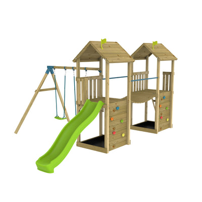 The TP Toys TP Skywood Wooden Tower Climbing Frame features two play towers linked by a sky bridge, a ripple slide, double swing arm, climbing walls, and ladders. FSC® certified for safe outdoor fun.