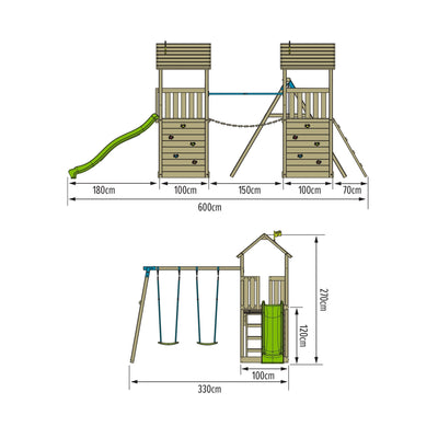 Diagram of the TP Toys TP Skywood Wooden Tower Climbing Frame with Ripple Slide, Sky Bridge, extra play tower & double swing arm (FSC® certified); includes two towers, a climbing wall, two swings & bridge with labeled dimensions in cm.