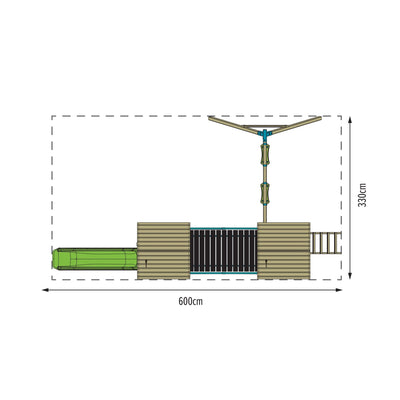 Top-down schematic of the TP Skywood Wooden Tower Climbing Frame by TP Toys, featuring a Ripple Slide, Sky Bridge, extra Play Tower & Double Swing Arm; layout measures 600 cm wide x 330 cm tall.