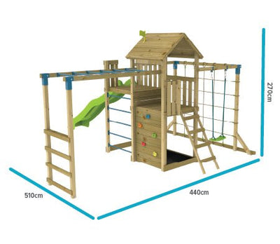 The TP Toys Skywood Wooden Tower Climbing Frame features a super wavy slide, sky deck, monkey bars, skyline with Rapide swing seat. FSC® certified. Measures 510x440x270cm and is compatible with Skywood climbing frames for extra versatility.