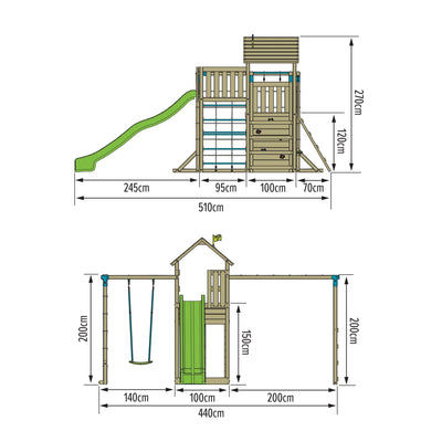 Diagram of TP Toys’ Skywood Wooden Tower Climbing Frame with Super Wavy Slide, Sky Deck, Monkey Bars, Skyline with Rapide Swing Seat (FSC® certified), showing labeled length, width, and height dimensions in centimeters.