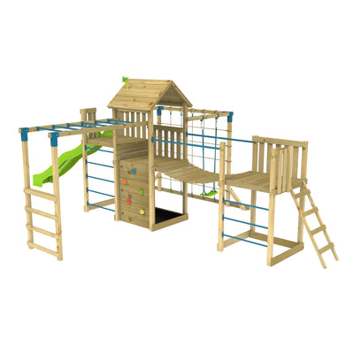 The TP Toys TP Skywood Wooden Tower Climbing Frame features a super wavy slide, sky deck, monkey bars, swing seat, extra play tower, and more—FSC® certified for endless outdoor fun.