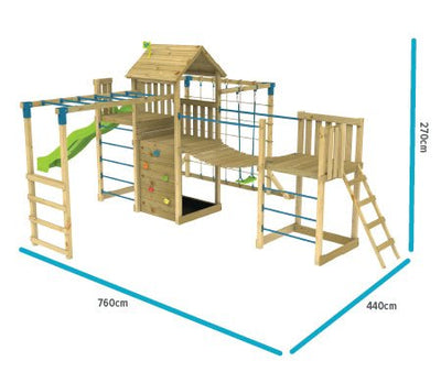 The TP Toys Skywood Wooden Tower Climbing Frame features a super wavy slide, sky deck, monkey bars, skyline with swing seat, and an extra play tower. FSC® certified; dimensions: 760cm W x 440cm D x 270cm H.