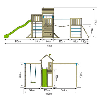 Diagram of the TP Toys Skywood Wooden Tower Climbing Frame—includes super wavy slide, sky deck, monkey bars, skyline with swing seat & extra play tower. Features dimensions/heights in cm—perfect for planning your TP FSC® climbing frame setup.