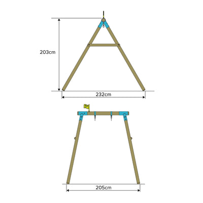 Diagram of the TP Toys TP Sherwood Single Wooden Swing Frame (PEFC certified), measuring 203 cm high, 232 cm wide at the base, and 205 cm wide at the top—ideal for a compact garden playground.