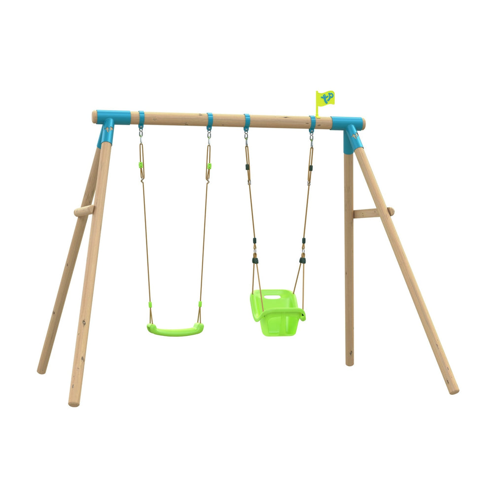 The TP Toys TP Sherwood Wooden Double Swing features a PEFC-certified frame with a roped Rapide seat, baby seat, blue connectors, and a yellow flag, all shown on a white background.