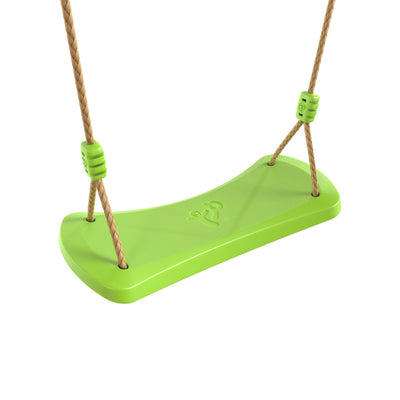 The TP Sherwood Wooden Double Swing by TP Toys includes a roped Rapide seat and Bluey Quadpod seat, both PEFC certified. The green plastic swing with brown ropes is perfect for this double set. Background is white.