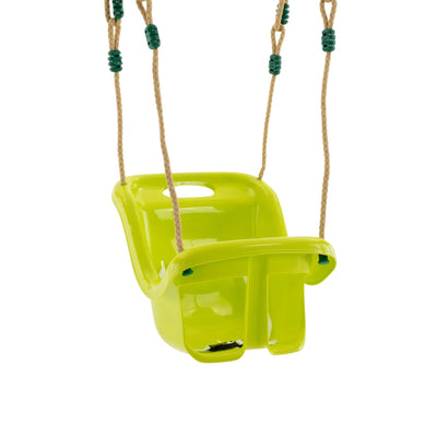 The TP Toys Sherwood Wooden Double Swing includes a roped Rapide seat and a bright green plastic baby seat with safety leg openings, perfect for toddlers. PEFC certified, this swing set is ideal for outdoor play.