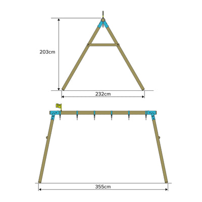 Diagram of the TP Sherwood Triple Wooden Swing Frame by TP Toys—PEFC certified, 203 cm tall, 232 cm wide at the base, and 355 cm long with six swing attachment points; perfect for TP swing accessories.