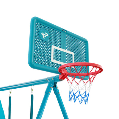 Close-up of the TP Explorer Metal Climbing Frame Set with Ripple Slide & Basketball Hoop by TP Toys, showing a teal backboard, red rim, and white net attached to the adventure playset’s sturdy metal frame.