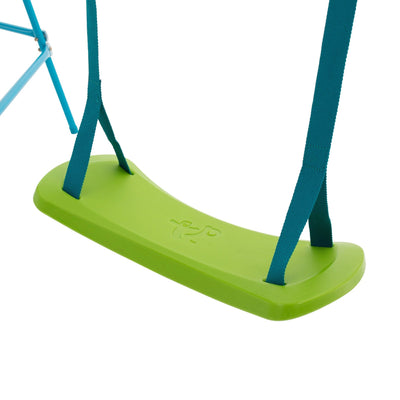 The TP Explorer Metal Climbing Frame Set with Ripple Slide & Basketball Hoop by TP Toys features a green plastic swing seat with blue straps, attached to a sturdy frame—ideal for backyard adventure play.