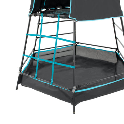 A close-up of the TP Toys TP Explorer Metal Climbing Frame Black Edition featuring a mesh ladder and fabric enclosure, with Ripple Slide, Swing Arm, Monkey Bridge & Basketball Hoop attachments visible.