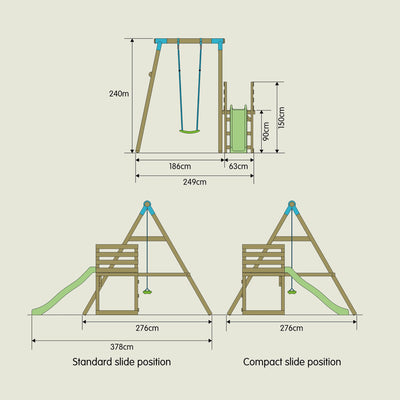 Diagram of the TP Toys TP Robin Swing and 6ft Slide Set playframe with measurements, showing side and front views, plus two wavy slide positions: standard (378cm) and compact (276cm).
