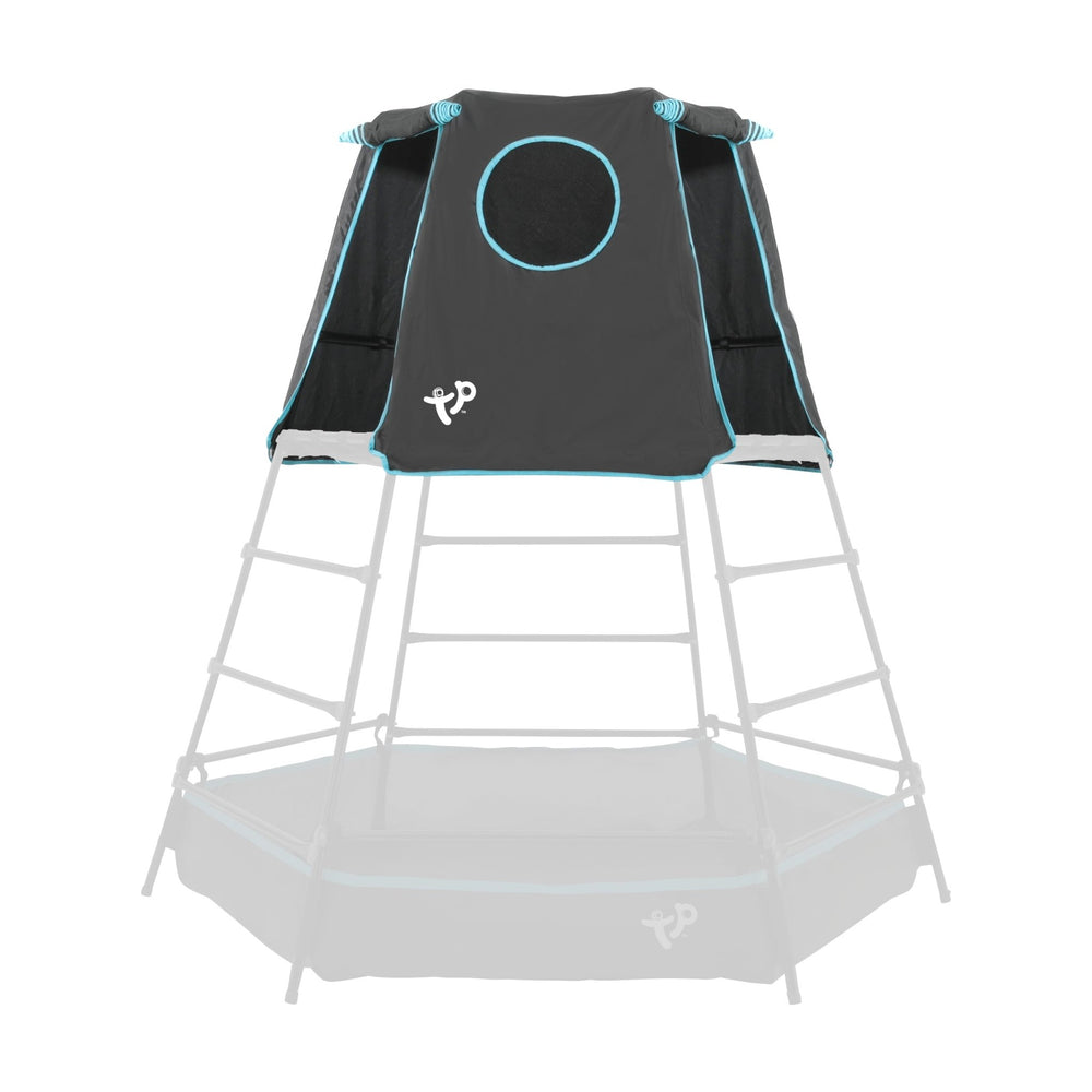 The TP Toys TP Explorer Black Replacement Den, featuring black and blue fabric with a circular window, is shown attached to the top of a transparent-outlined metal frame as a den replacement for the Explorer Climbing Frame.