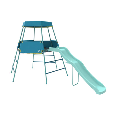 The TP Toys TP Growable Adventurer Metal Climbing Frame is a turquoise outdoor playset with a tented platform, ladder, and slide, offering endless adventure for kids.