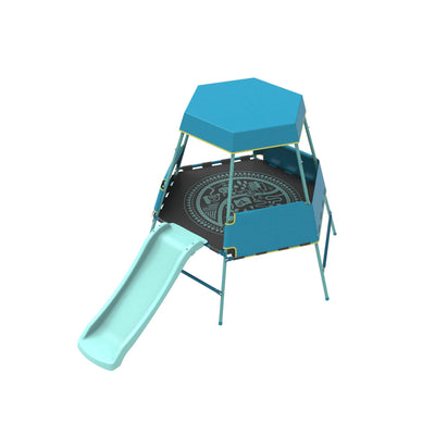 The TP Toys TP Growable Adventurer Metal Climbing Frame is a hexagonal blue playset with a canopy, attached slide, safety enclosure panels, and an integrated climbing frame—ideal for children’s outdoor fun and adventure.