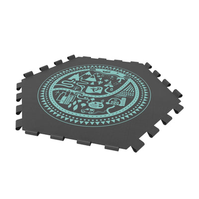 The TP Toys TP Growable Adventurer Metal Climbing Frame is a black, hexagonal foam playmat with interlocking edges and a turquoise circle graphic showing outdoor and city-themed illustrations.