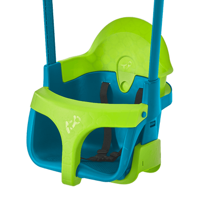The TP Toys TP Forest Toddler Wooden Quadpod Swing Set & Slide (FSC® certified) features a green and blue swing with high backrest, safety bar, adjustable straps, and sturdy ropes—ideal for safe, fun playtime adventures.