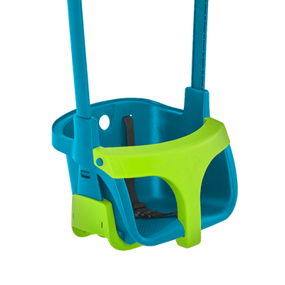 The TP Toys Forest Toddler Wooden Quadpod Swing Set & Slide - FSC® certified features a 4-in-1 swing seat with front safety bar and harness, suspended by two ropes—perfect for your toddler’s play tower or wooden playcentre.