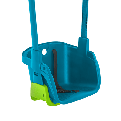 The TP Toys TP Forest Toddler Wooden Quadpod Swing Set & Slide (FSC® certified) is a blue and green plastic child swing with a black safety strap, ideal for any wooden playcentre or toddler play tower.