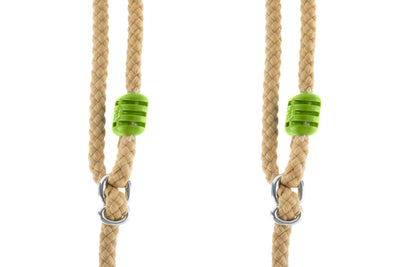 The TP Toys TP Deluxe Double Metal Swing Set features beige braided ropes with green adjusters and metal rings, ideal for roped Rapide seats or swing set upgrades. Photographed against a white background.