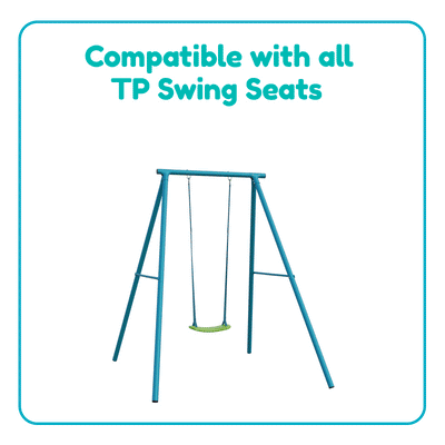 The TP Toys Deluxe Single Metal Swing features a blue frame with a green 3 in 1 seat and added basketball hoop. Text above reads: Compatible with all TP Swing Seats, including the 3 in 1 swing seat.