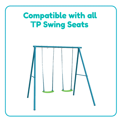 The TP Toys Build Your Own Deluxe Double Metal Swing Frame, featuring two green swings on a blue frame, is shown on a white background. Above the frame: Compatible with all TP Swing Seats and TP swing accessories.