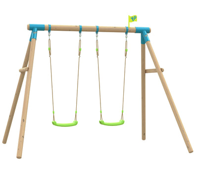 The TP Toys Sherwood Wooden Double Swing Set features a PEFC-certified wooden frame, two green-roped Rapide seats, sturdy blue brackets, and a small green flag on top.