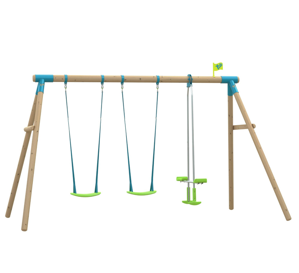 The TP Toys TP Sherwood Triple Wooden Swing Set with Glide Ride includes two green and blue swings, a matching glider swing, and a small flag on the top right of the wooden frame.
