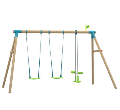 The TP Toys TP Sherwood Triple Wooden Swing Set with Glide Ride features two green and blue swings and a green and white glider, all on a sturdy wooden PEFC-certified frame—ideal for small gardens.