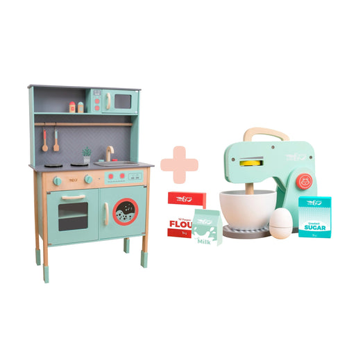 The TP Toys Owl & Fox Wooden Imagination Kitchen & Baking Set features pastel colors, a stove, sink, shelves, toy mixer, and play food like flour, milk, sugar, and an egg—perfect for pretend play. FSC® certified.