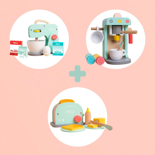 Top: TP Toys Owl & Fox Wooden Baking Set with a stand mixer and coffee machine. Bottom: Toaster Set with bread, butter, knife, and pastel condiments—FSC® certified—with a plus sign between them.