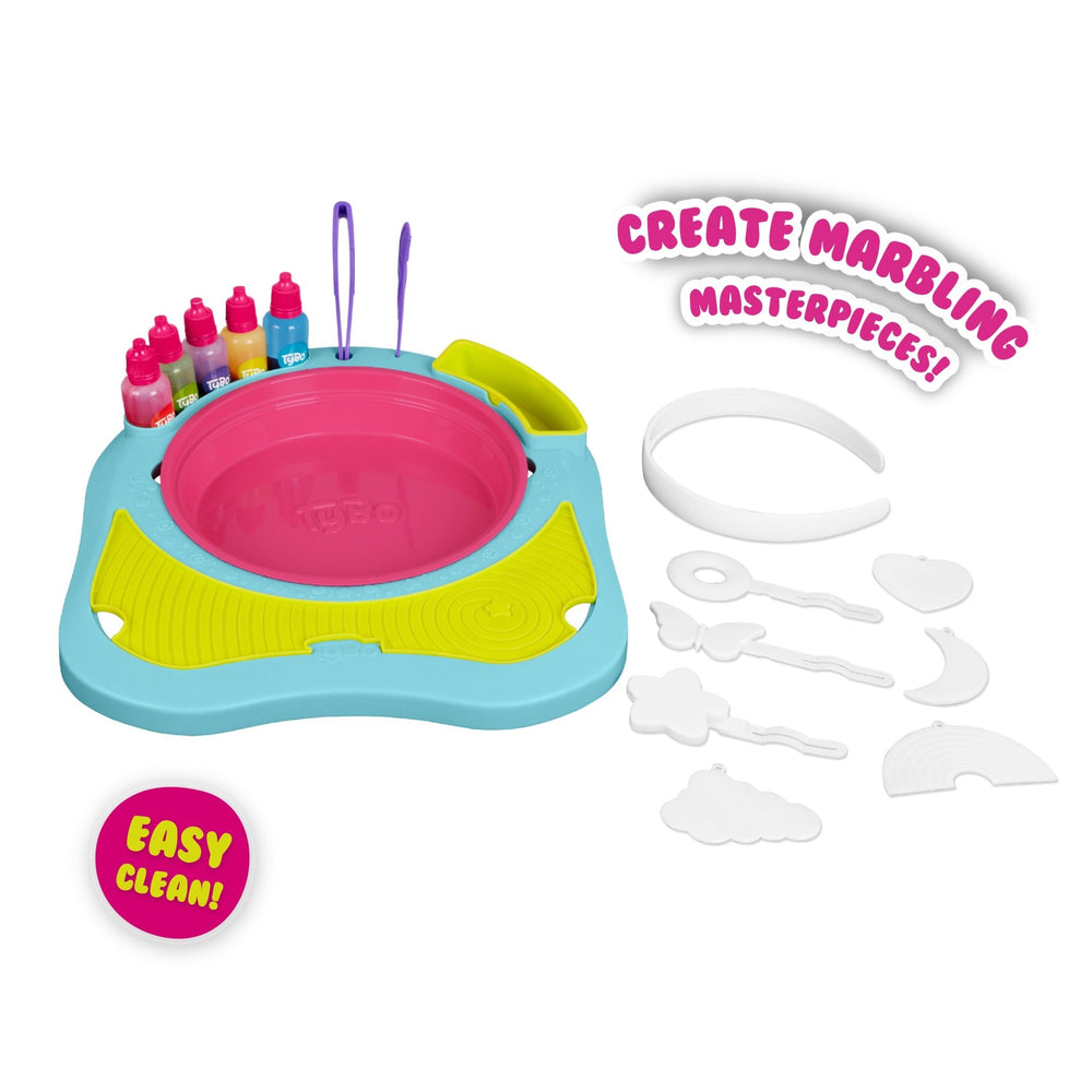 TP Toys Tybo Dip & Dye Studio kit includes a round tray, 4 paint bottles, 2 tools, a white headband, and 5 shapes. Create marbling masterpieces with easy clean-up!.