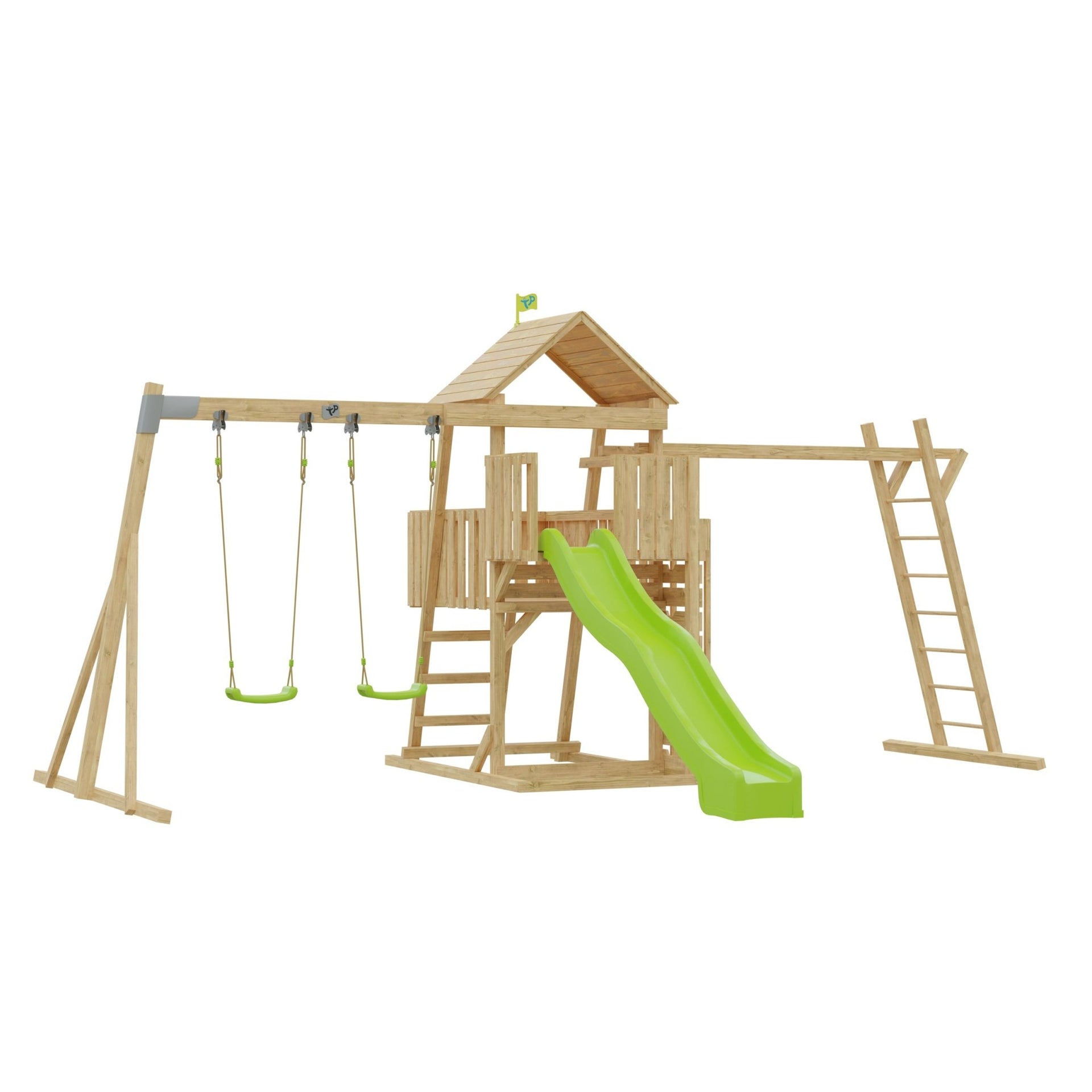 Kingswood wooden climbing frame climbing bridge 2 Roped swing seats & Ripple Slide FSC® certified