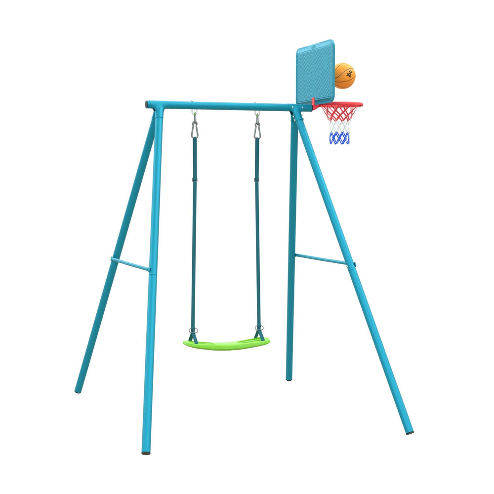 The TP Toys Deluxe Single Metal Swing features a blue frame, a green 3 in 1 seat, and a small basketball hoop with ball on one side.