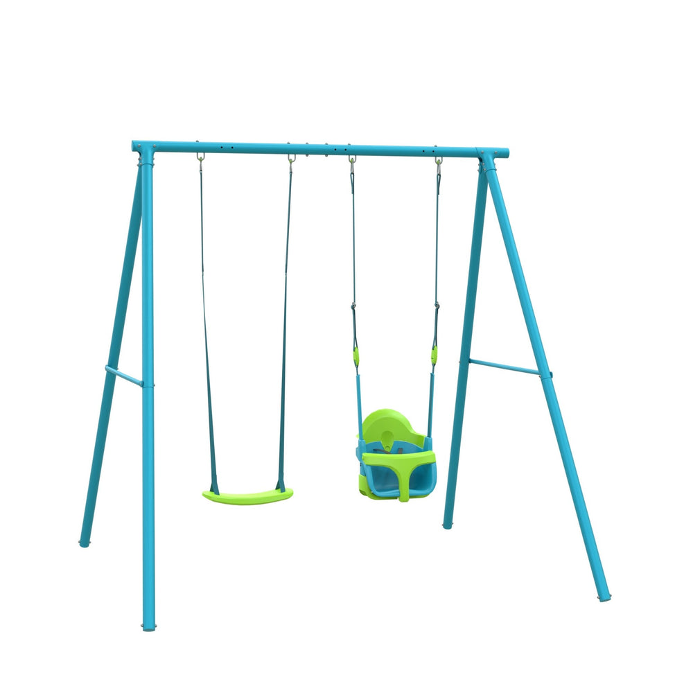 The TP Toys TP Deluxe Double Metal Swing with Rapide & Quadpod seats features a powder coated steel frame and adjustable swings—one standard and one green-and-blue toddler seat—shown on a white background.