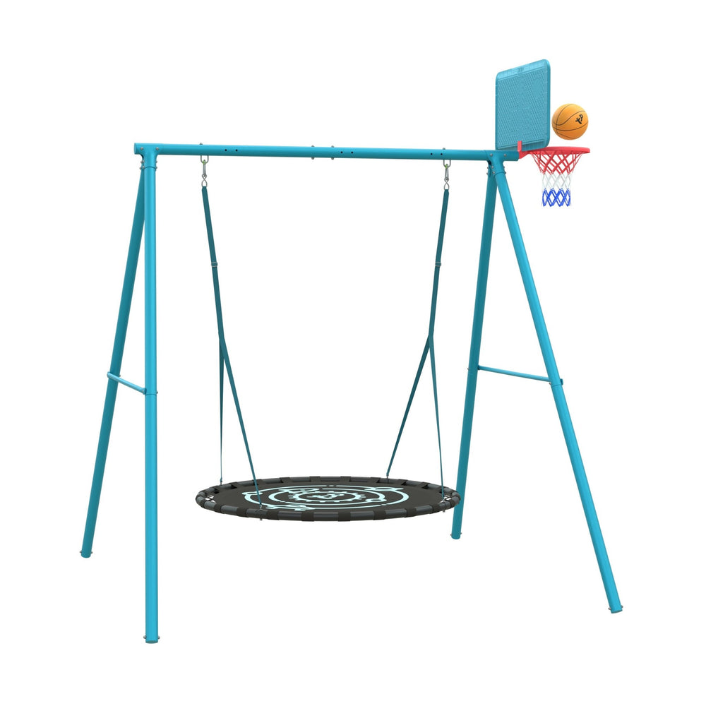 The TP Toys TP Deluxe Double Metal Swing includes a giant nest seat with a black round design and a basketball hoop.