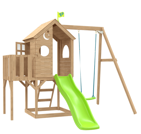Treehouse wooden play tower Panel kit balcony wavy slide & swing arm FSC® certified