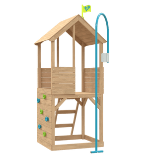 The TP Toys Treehouse Wooden Play Tower features a climbing wall and firemans pole for active play. FSC® certified wood ensures its eco-friendly and safe for endless adventures.