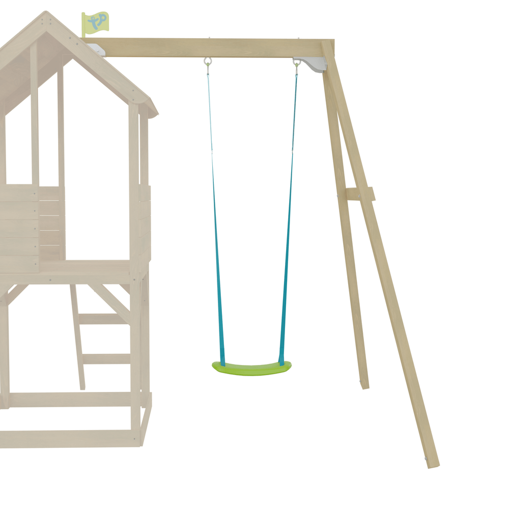 The TP Toys TP Treehouse Wooden Play Tower Swing Arm - FSC® certified features a blue and green swing seat on a sturdy frame, ideal for enhancing any Wooden Playhouse or TP Treehouse Play Tower setup.