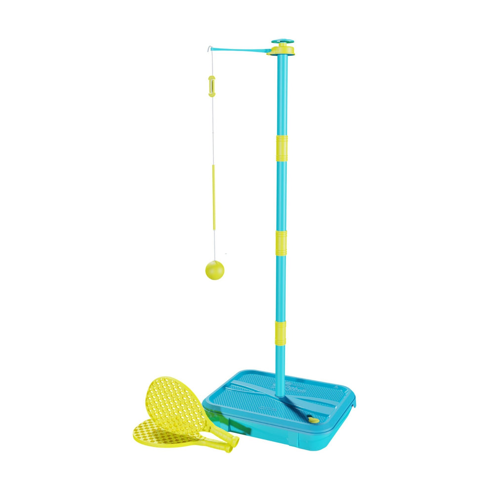 The Swingball Early Fun All Surface Swingball® set includes a standing pole, ball on a string, and two rackets in blue and yellow—ideal as a kids tennis game for any surface.