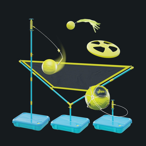 The TP Toys 5 in 1 Multiplay All Surface Swingball Set features a net, balls, frisbee, and bases with an All S