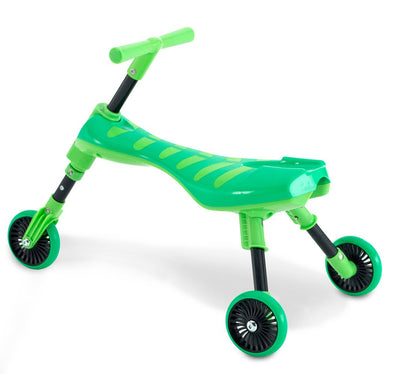 The TP Toys Scuttlebug Grasshopper Foldable Ride On Trike is a green toddler ride-on with four black wheels and no pedals, designed for young children to push themselves as a fun foot-to-floor toy.
