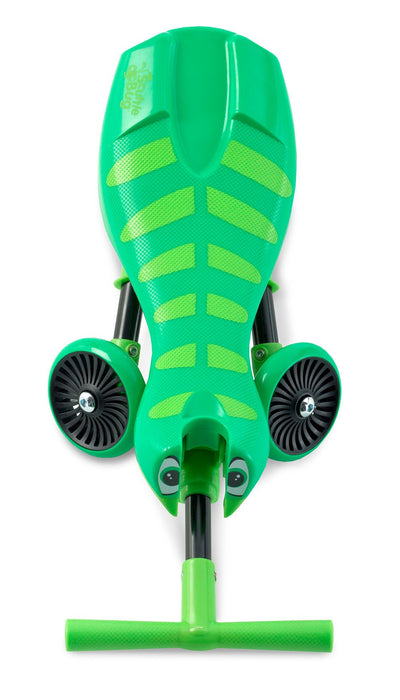 Top-down view of the TP Toys Scuttlebug Grasshopper Foldable Ride On Trike, a green three-wheeled toddler scooter with a textured deck and black handlebars.