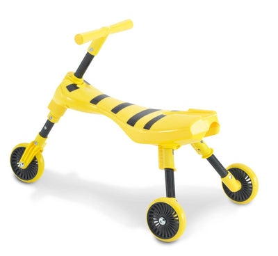 The TP Toys Scuttlebug Bumble Foldable Ride On Trike is a yellow, three-wheel bike with black-striped seat, perfect for young children.