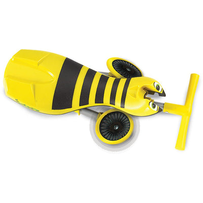 The TP Toys Scuttlebug Bumble Foldable Ride On Trike is a yellow and black bee-themed ride-on with two wheels and a handlebar, designed for little ones to scoot around easily.