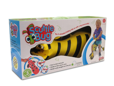 TP Toys Scuttlebug Bumble Foldable Ride On Trike packaging shows a yellow and black three-wheel trike for ages 3+, with a child riding it featured on the box.